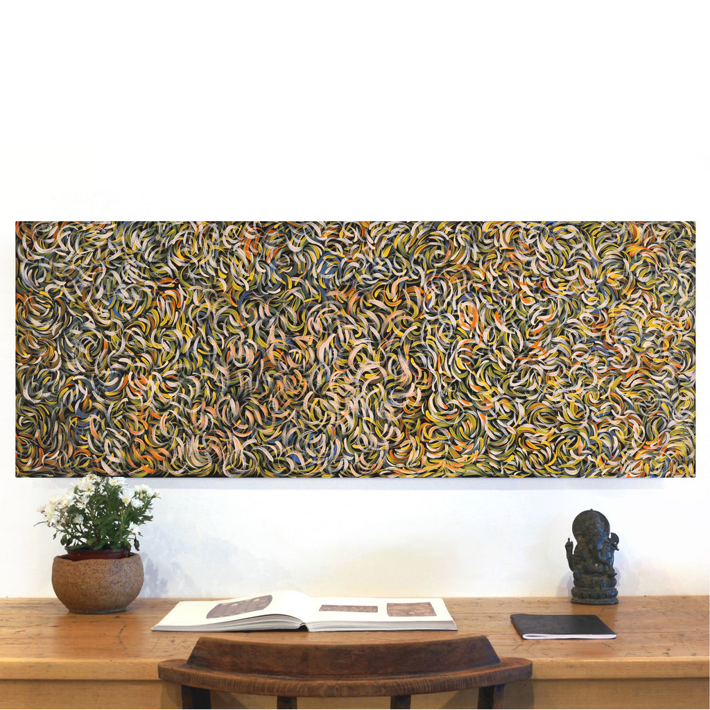 Aboriginal Artwork by Nola Napangardi Fisher, Purrpalanji (Skinny Bush Banana) Jukurrpa, 122x46cm