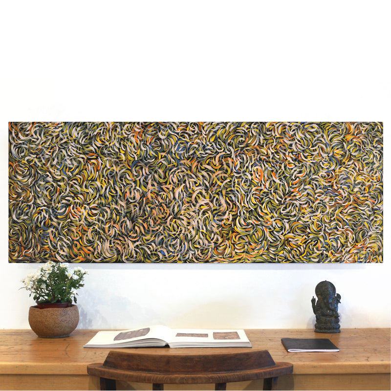 Aboriginal Artwork by Nola Napangardi Fisher, Purrpalanji (Skinny Bush Banana) Jukurrpa, 122x46cm