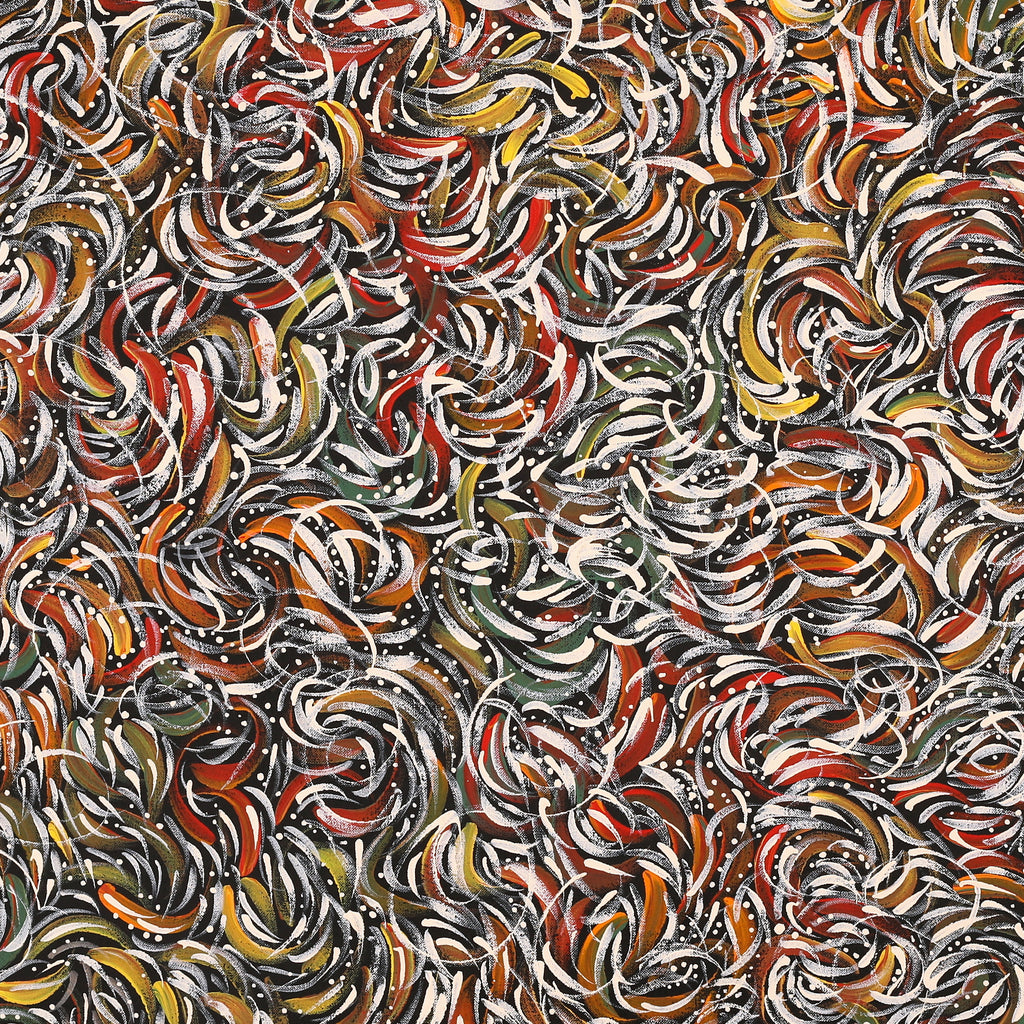 Aboriginal Artwork by Nola Napangardi Fisher, Purrpalanji (Skinny Bush Banana) Jukurrpa, 76x76cm
