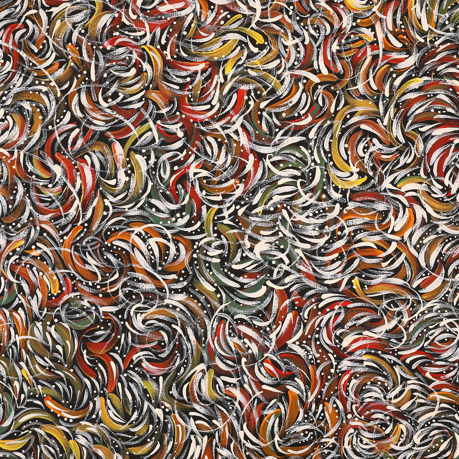 Aboriginal Artwork by Nola Napangardi Fisher, Purrpalanji (Skinny Bush Banana) Jukurrpa, 76x76cm