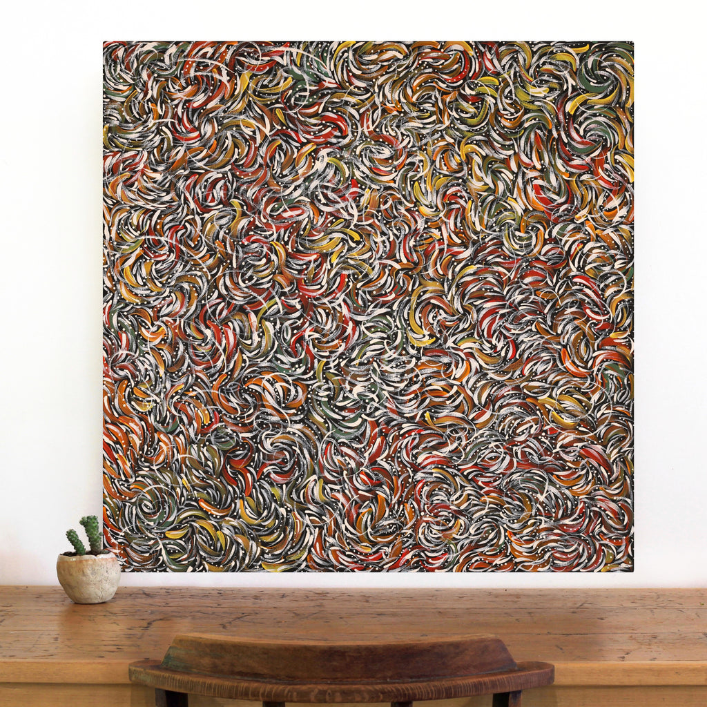 Aboriginal Artwork by Nola Napangardi Fisher, Purrpalanji (Skinny Bush Banana) Jukurrpa, 76x76cm