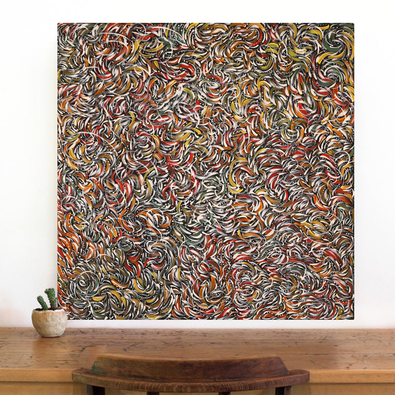 Aboriginal Artwork by Nola Napangardi Fisher, Purrpalanji (Skinny Bush Banana) Jukurrpa, 76x76cm