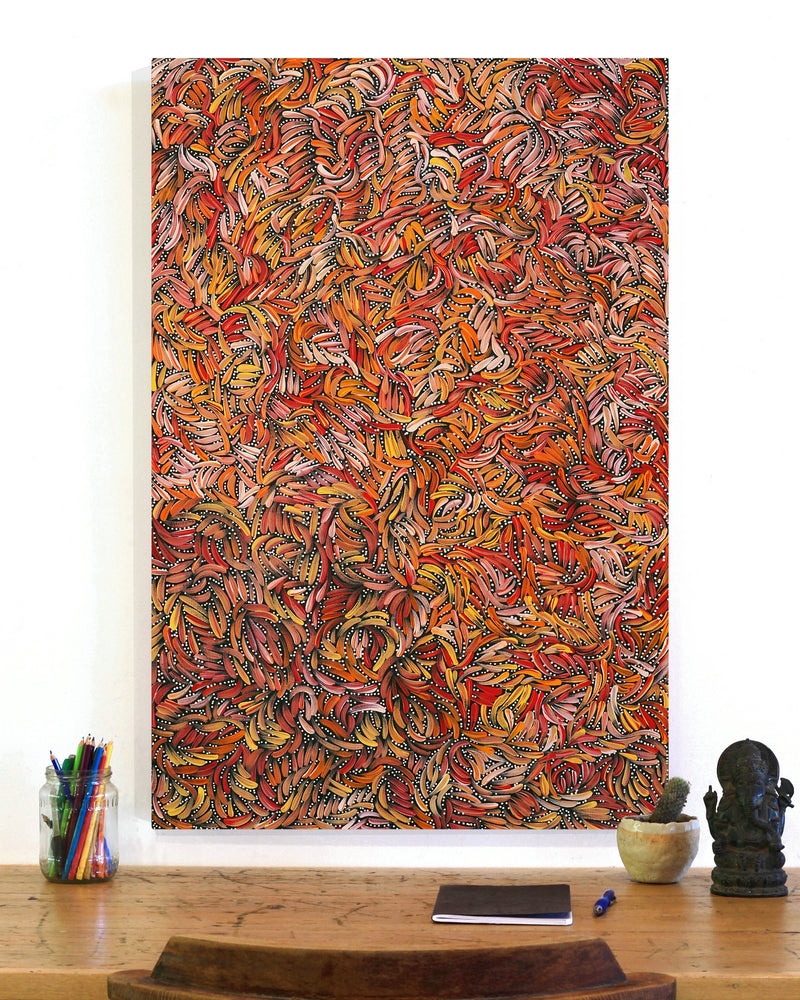Aboriginal Artwork by Nola Napangardi Fisher, Purrpalanji (Skinny Bush Banana) Jukurrpa, 91x61cm