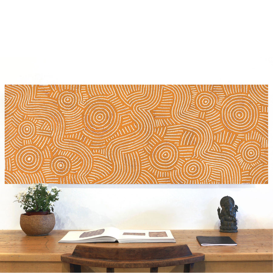 Aboriginal Artwork by Omay Nampijinpa Gallagher, Yankirri Jukurrpa (Emu Dreaming) - Ngarlikurlangu, 122x46cm