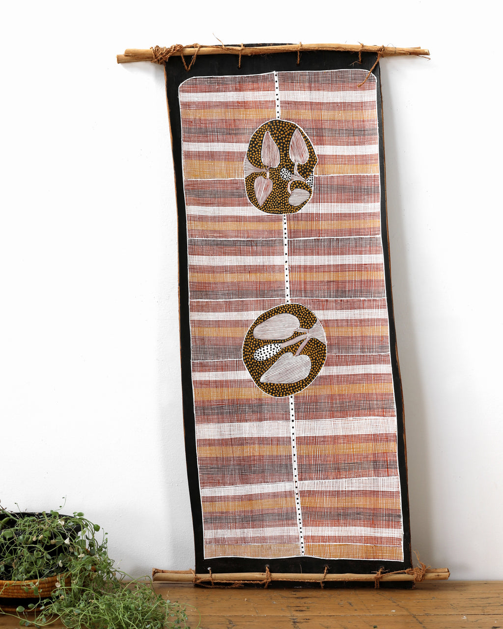 Aboriginal Artwork by Paul Nabulumo Namarinjmak, Wayuk (Water lily), 102x40cm Bark