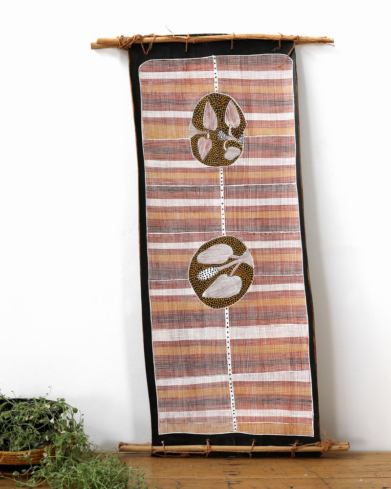 Aboriginal Artwork by Paul Nabulumo Namarinjmak, Wayuk (Water lily), 102x40cm Bark