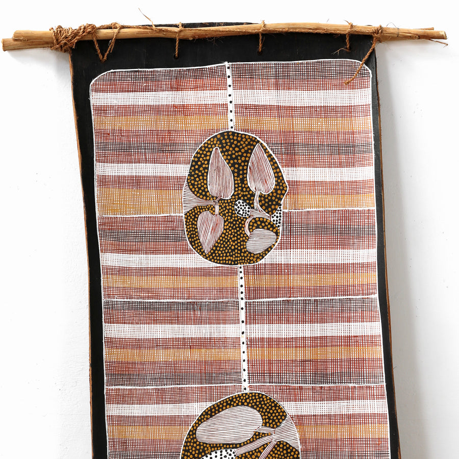 Aboriginal Artwork by Paul Nabulumo Namarinjmak, Wayuk (Water lily), 102x40cm Bark