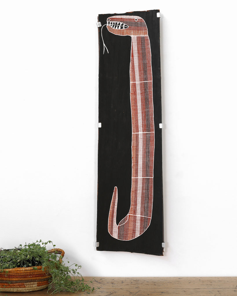 Aboriginal Artwork by Paul Nabulumo Namarinjmak, Ngalyod (Rainbow Serpent), 102x26cm Bark - ART ARK®