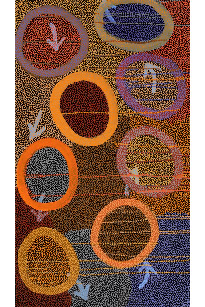 Aboriginal Artwork by Pauline Nampijinpa Singleton, Yankirri Jukurrpa (Emu Dreaming) - Ngarlikurlangu, 107x61cm