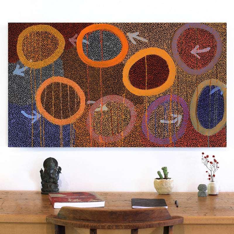 Aboriginal Artwork by Pauline Nampijinpa Singleton, Yankirri Jukurrpa (Emu Dreaming) - Ngarlikurlangu, 107x61cm