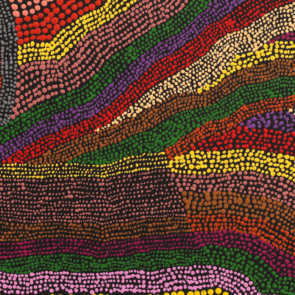 Aboriginal Artwork by Peggy Napurrurla Granites, Pirlarla Jukurrpa (Dogwood Tree Bean Dreaming), 107x107cm