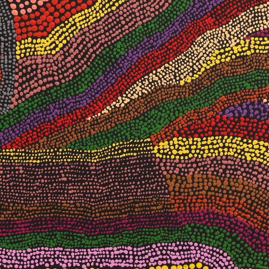 Aboriginal Artwork by Peggy Napurrurla Granites, Pirlarla Jukurrpa (Dogwood Tree Bean Dreaming), 107x107cm
