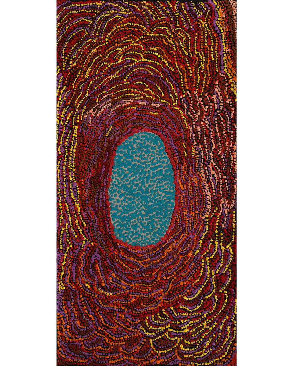 Aboriginal Artwork by Peggy Napurrurla Granites, Pirlarla Jukurrpa (Dogwood Tree Bean Dreaming), 61x30cm
