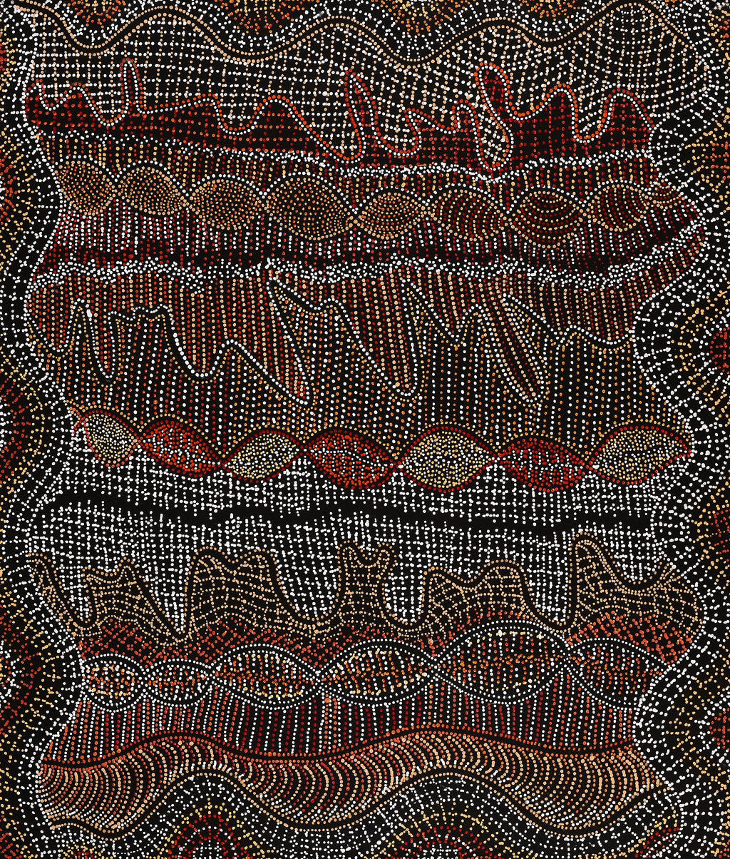 Aboriginal Artwork by Reanne Nampijinpa Brown, Ngapa Jukurrpa (Water Dreaming) - Mikanji, 107x91cm