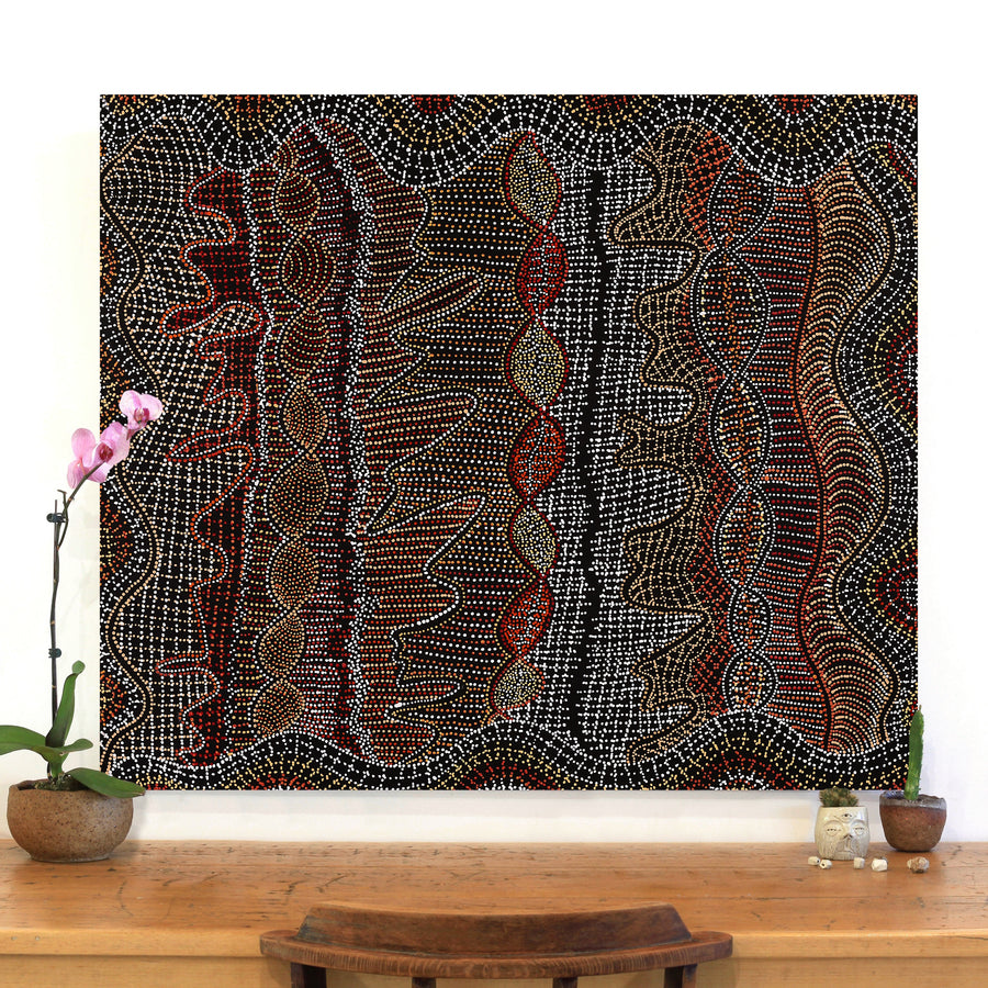 Aboriginal Artwork by Reanne Nampijinpa Brown, Ngapa Jukurrpa (Water Dreaming) - Mikanji, 107x91cm
