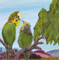 Aboriginal Artwork by Reinhold Inkamala, Budgies, 50x49cm