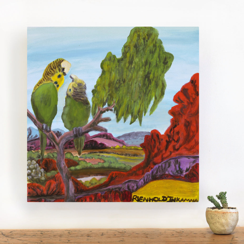 Aboriginal Artwork by Reinhold Inkamala, Budgies, 50x49cm