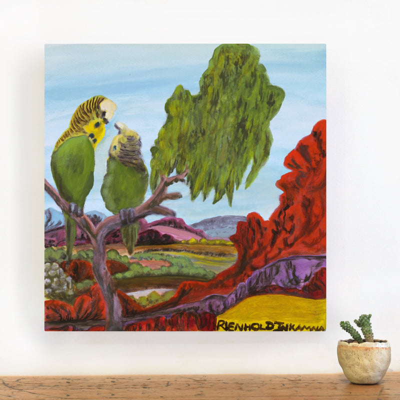Aboriginal Artwork by Reinhold Inkamala, Budgies, 50x49cm
