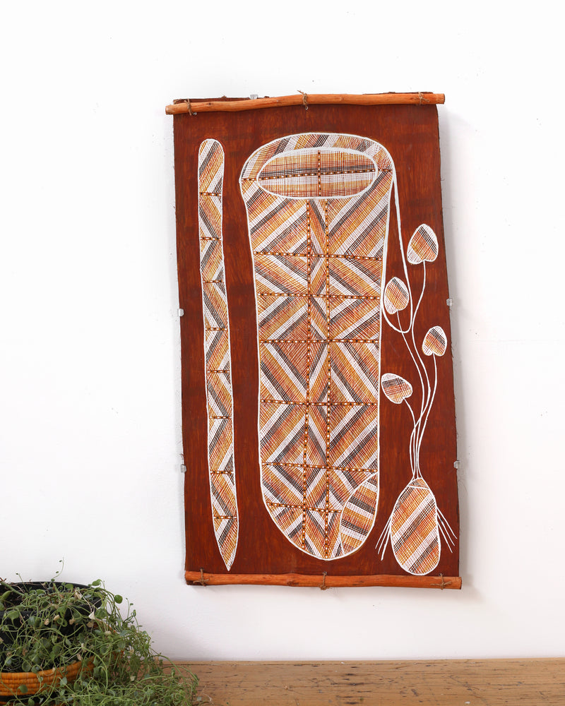 Aboriginal Artwork by Raphael Wurrkidj, Kun-madj - Large Dillybag Vine, 76x41cm Bark Painting