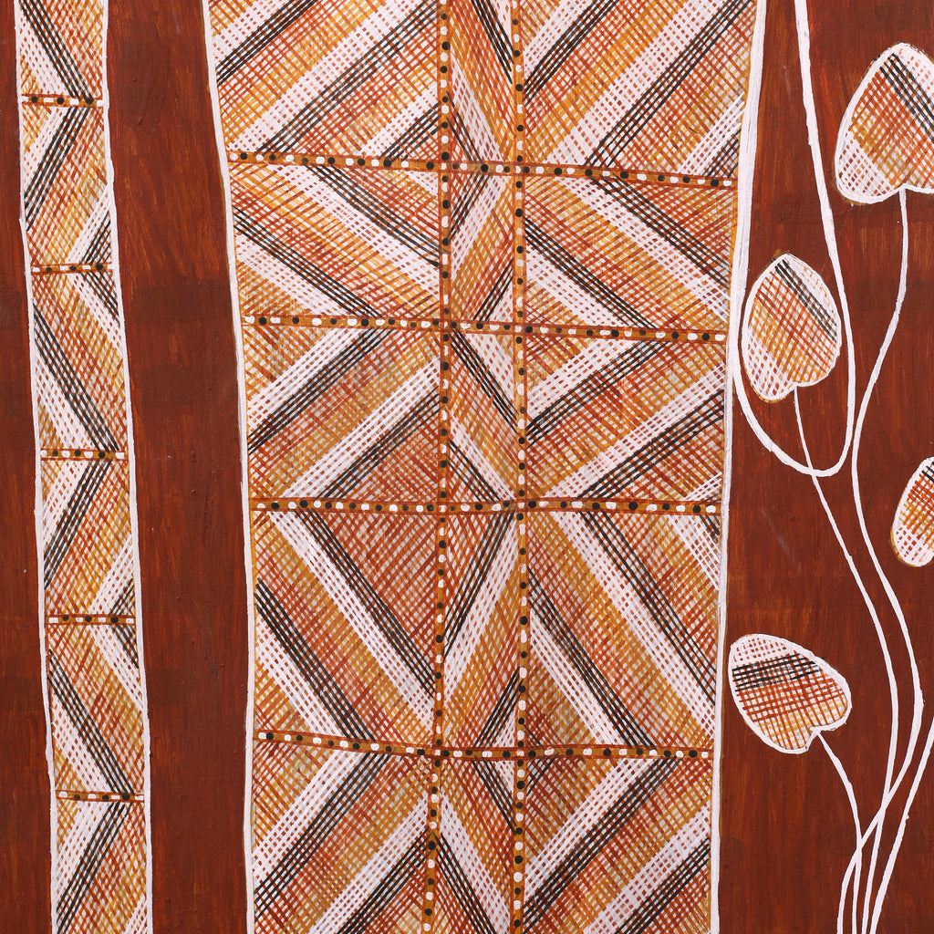 Aboriginal Artwork by Raphael Wurrkidj, Kun-madj - Large Dillybag Vine, 76x41cm Bark Painting