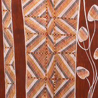 Aboriginal Artwork by Raphael Wurrkidj, Kun-madj - Large Dillybag Vine, 76x41cm Bark Painting