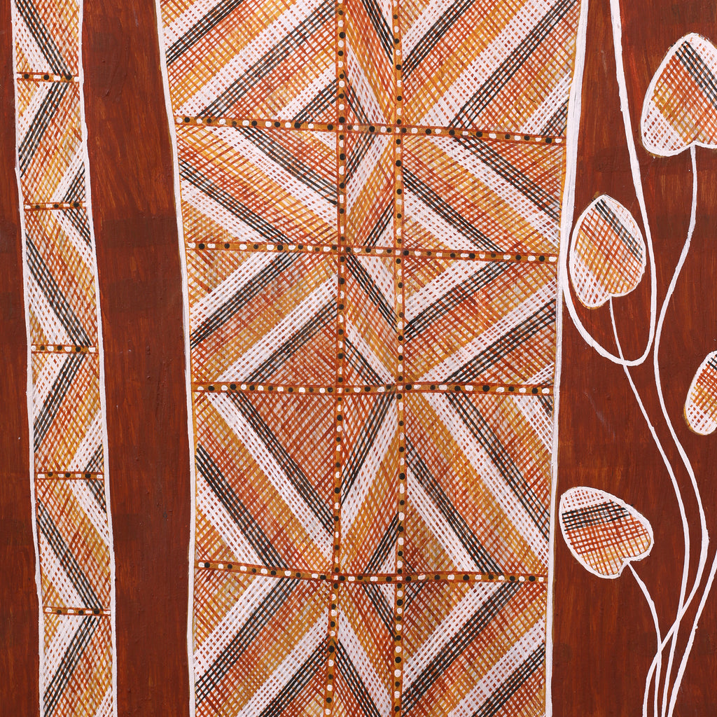 Aboriginal Art by Raphael Wurrkidj, Kun-madj - Large Dillybag Vine, 76x41cm Bark Painting - ART ARK®