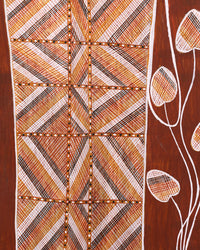 Aboriginal Artwork by Raphael Wurrkidj, Kun-madj - Large Dillybag Vine, 76x41cm Bark Painting