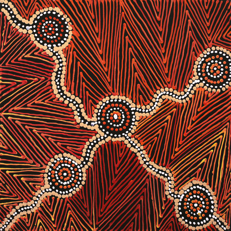 Aboriginal Artwork by Reanne Nampijinpa Brown, Ngapa Jukurrpa (Water Dreaming) - Mikanji, 30x30cm