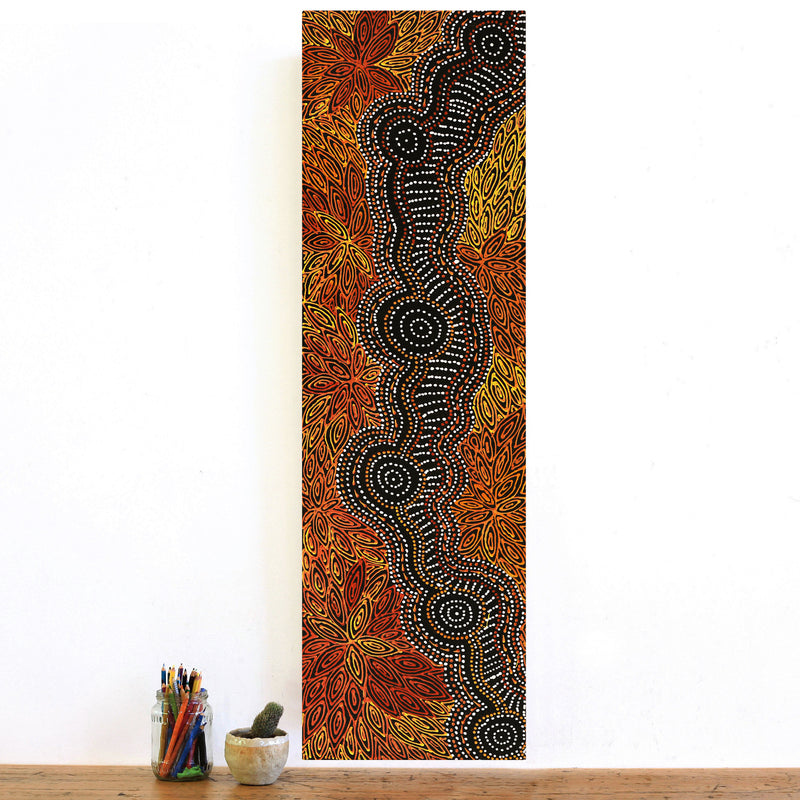 Aboriginal Artwork by Reanne Nampijinpa Brown, Ngapa Jukurrpa (Water Dreaming) - Mikanji, 107x30cm