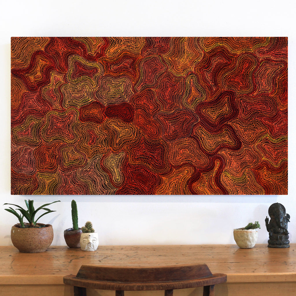 Aboriginal Artwork by Reanne Nampijinpa Brown, Ngapa Jukurrpa (Water Dreaming) - Mikanji, 107x61cm