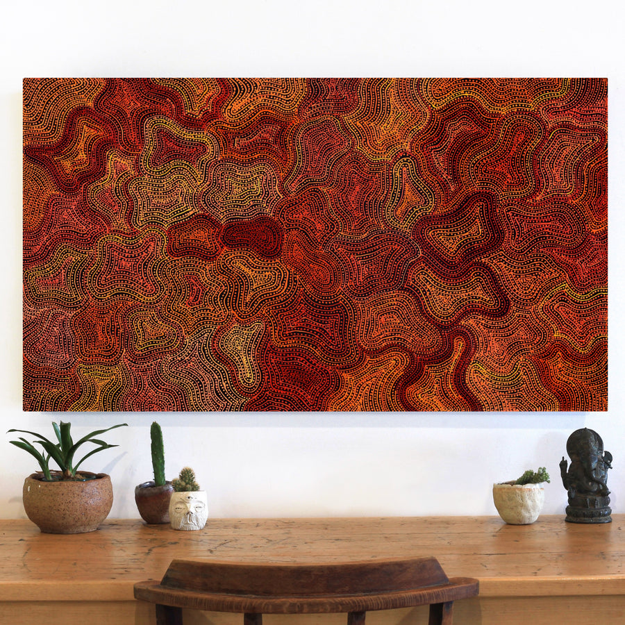 Aboriginal Artwork by Reanne Nampijinpa Brown, Ngapa Jukurrpa (Water Dreaming) - Mikanji, 107x61cm