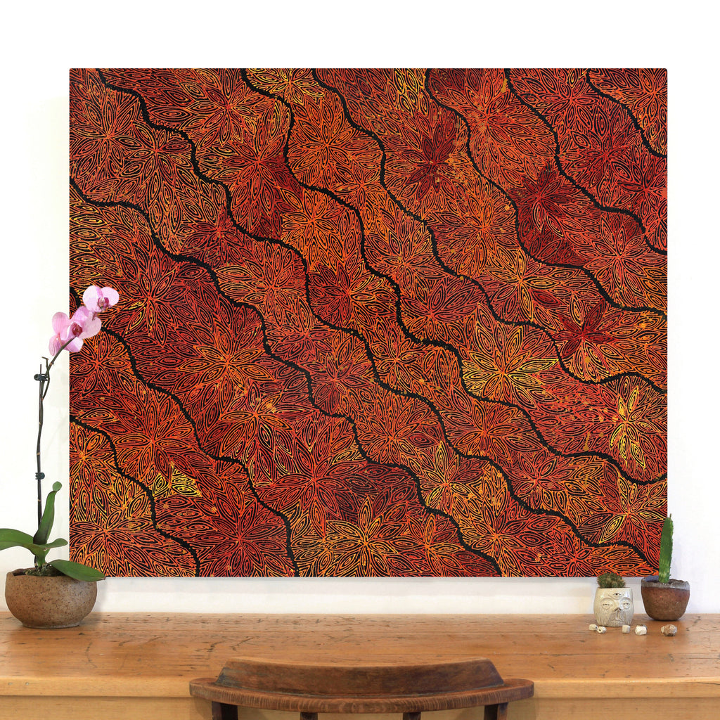 Aboriginal Artwork by Reanne Nampijinpa Brown, Ngapa Jukurrpa (Water Dreaming) - Mikanji, 107x91cm