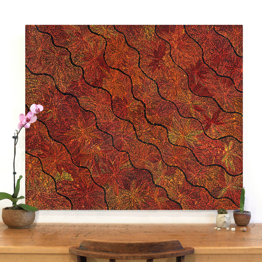 Aboriginal Artwork by Reanne Nampijinpa Brown, Ngapa Jukurrpa (Water Dreaming) - Mikanji, 107x91cm