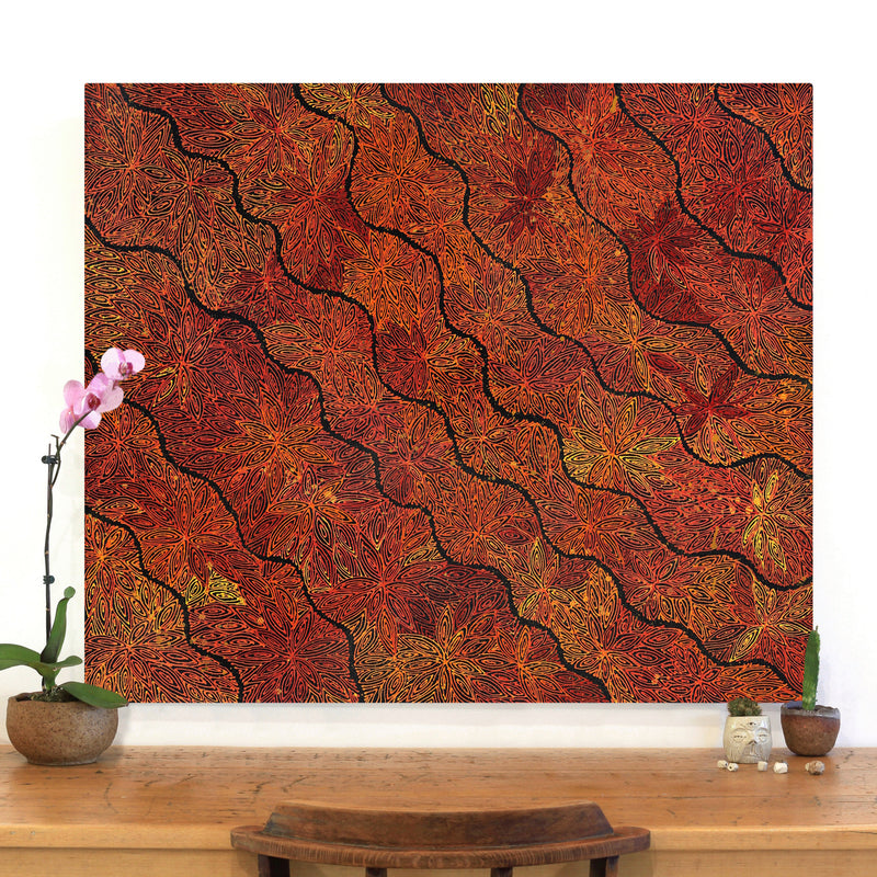 Aboriginal Artwork by Reanne Nampijinpa Brown, Ngapa Jukurrpa (Water Dreaming) - Mikanji, 107x91cm