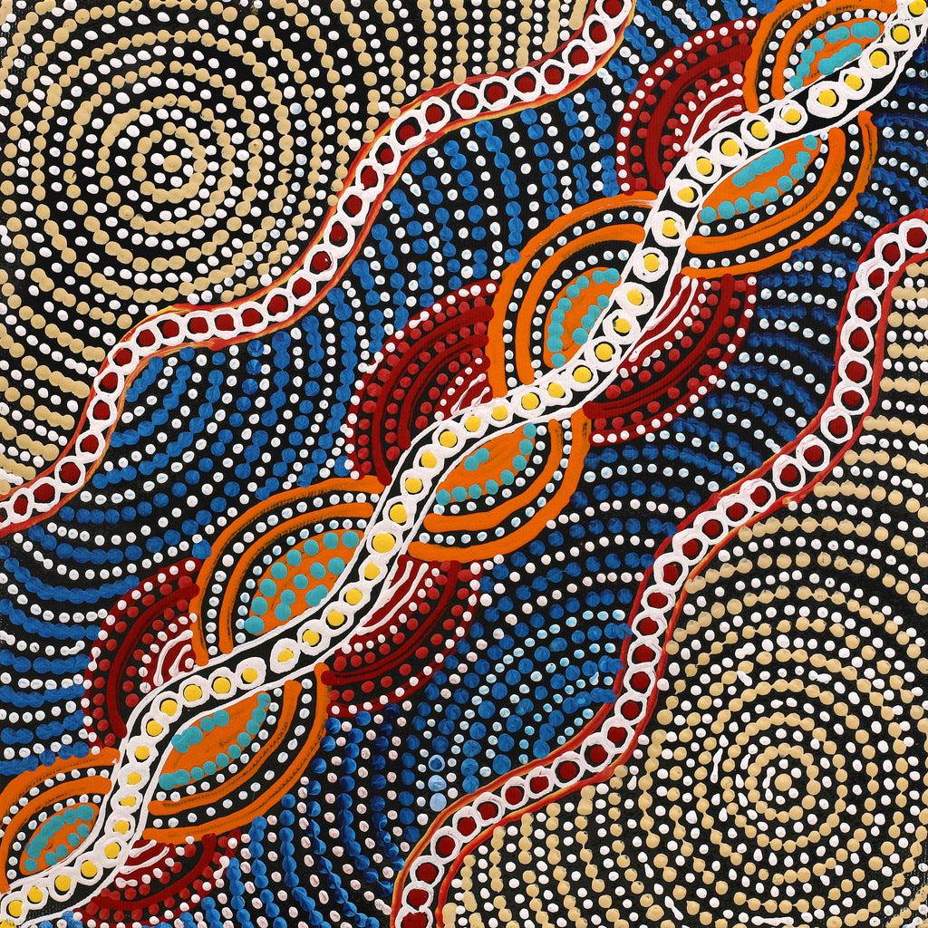 Aboriginal Artwork by Reanne Nampijinpa Brown, Ngapa Jukurrpa (Water Dreaming) - Mikanji, 30x30cm