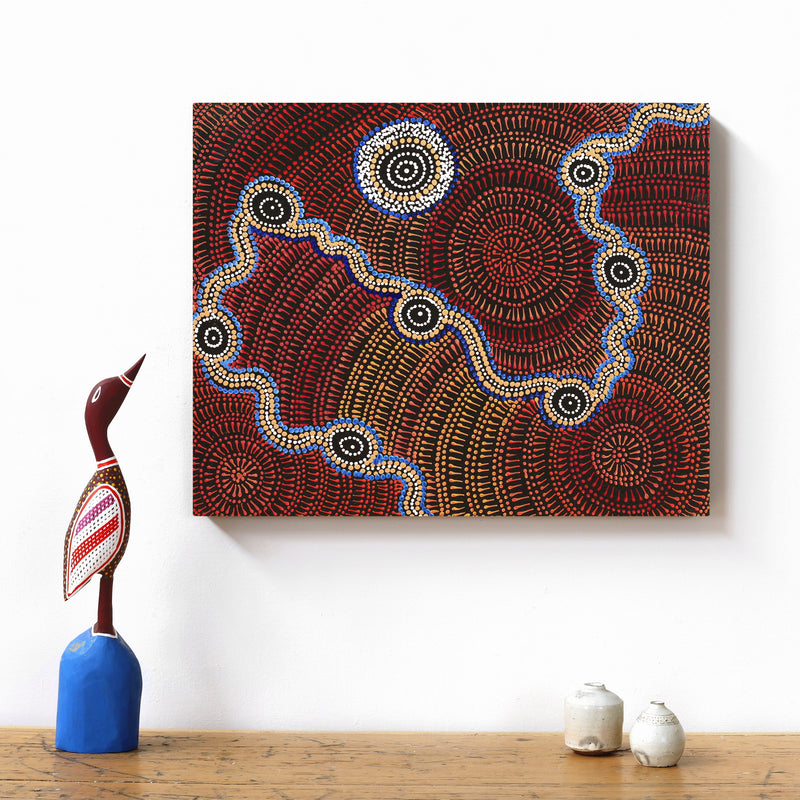 Aboriginal Artwork by Reanne Nampijinpa Brown, Ngapa Jukurrpa (Water Dreaming) - Mikanji, 50x40cm
