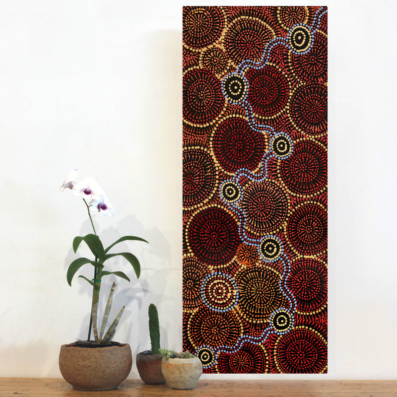Aboriginal Artwork by Reanne Nampijinpa Brown, Ngapa Jukurrpa (Water Dreaming) - Mikanji, 76x30cm