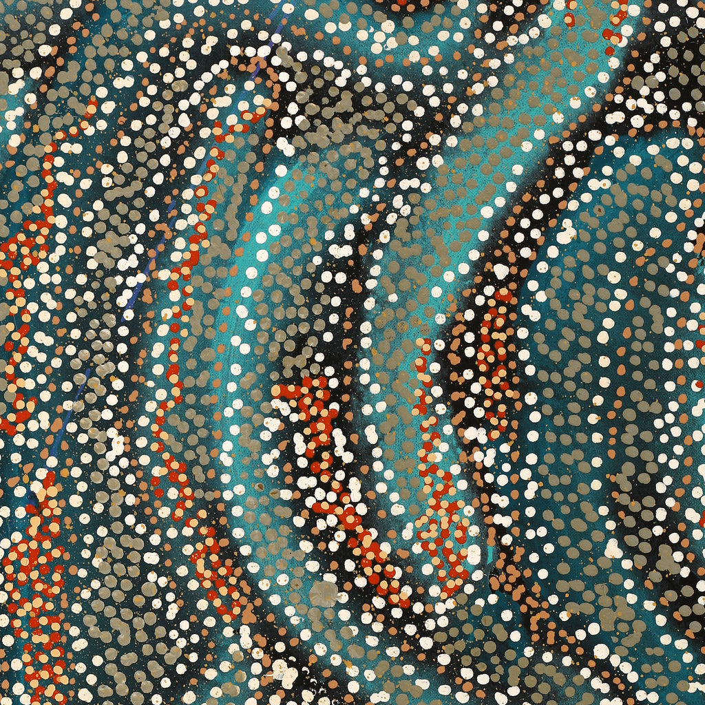 Aboriginal Artwork by Reanne Nampijinpa Brown, Ngapa Jukurrpa (Water Dreaming) - Mikanji, 76x30cm
