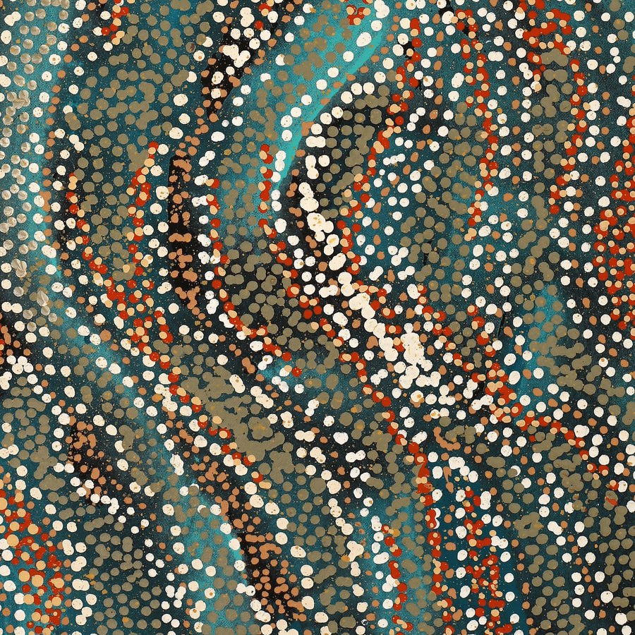 Aboriginal Artwork by Reanne Nampijinpa Brown, Ngapa Jukurrpa (Water Dreaming) - Mikanji, 76x30cm