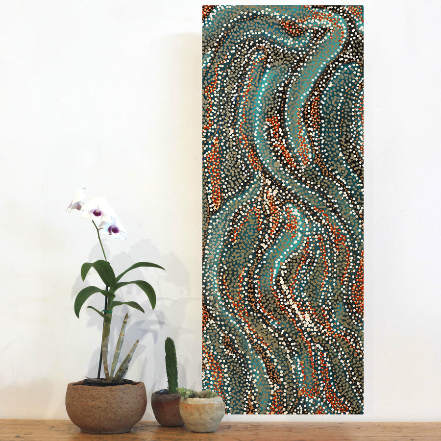 Aboriginal Artwork by Reanne Nampijinpa Brown, Ngapa Jukurrpa (Water Dreaming) - Mikanji, 76x30cm