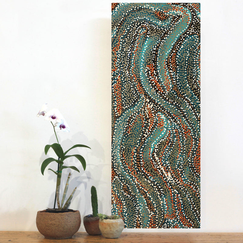 Aboriginal Artwork by Reanne Nampijinpa Brown, Ngapa Jukurrpa (Water Dreaming) - Mikanji, 76x30cm