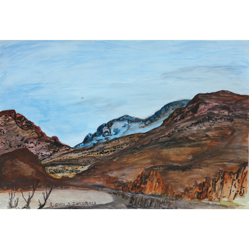 Aboriginal Artwork by Reinhold Inkamala, My Country, behind Ntaria (Hermannsburg), 56x38cm
