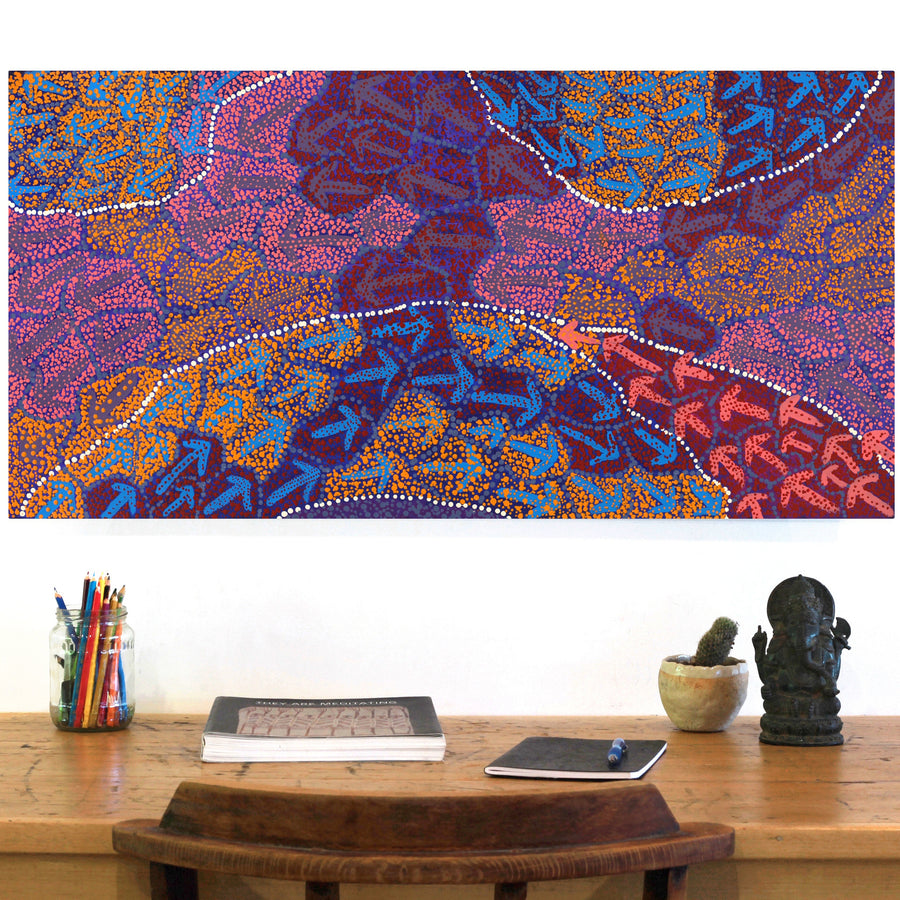 Aboriginal Artwork by Ricardo Jampijinpa Gallagher, Yankirri Jukurrpa (Emu Dreaming) - Ngarlikurlangu, 91x46cm