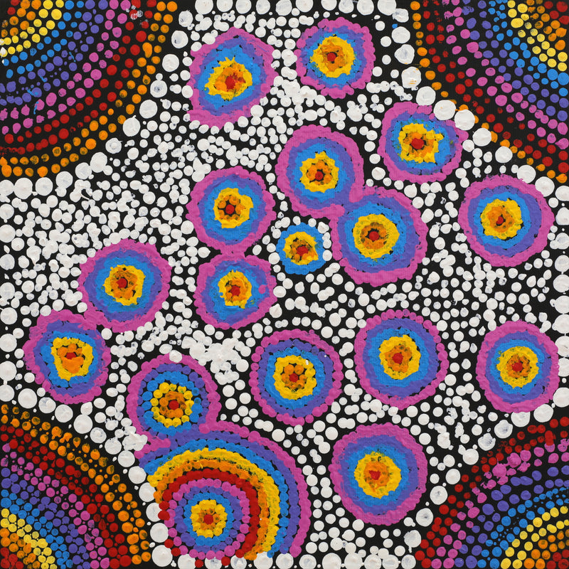 Aboriginal Artwork by Riona Nakamarra Wilson, Patterns of the Landscape around Yuendumu, 30x30cm