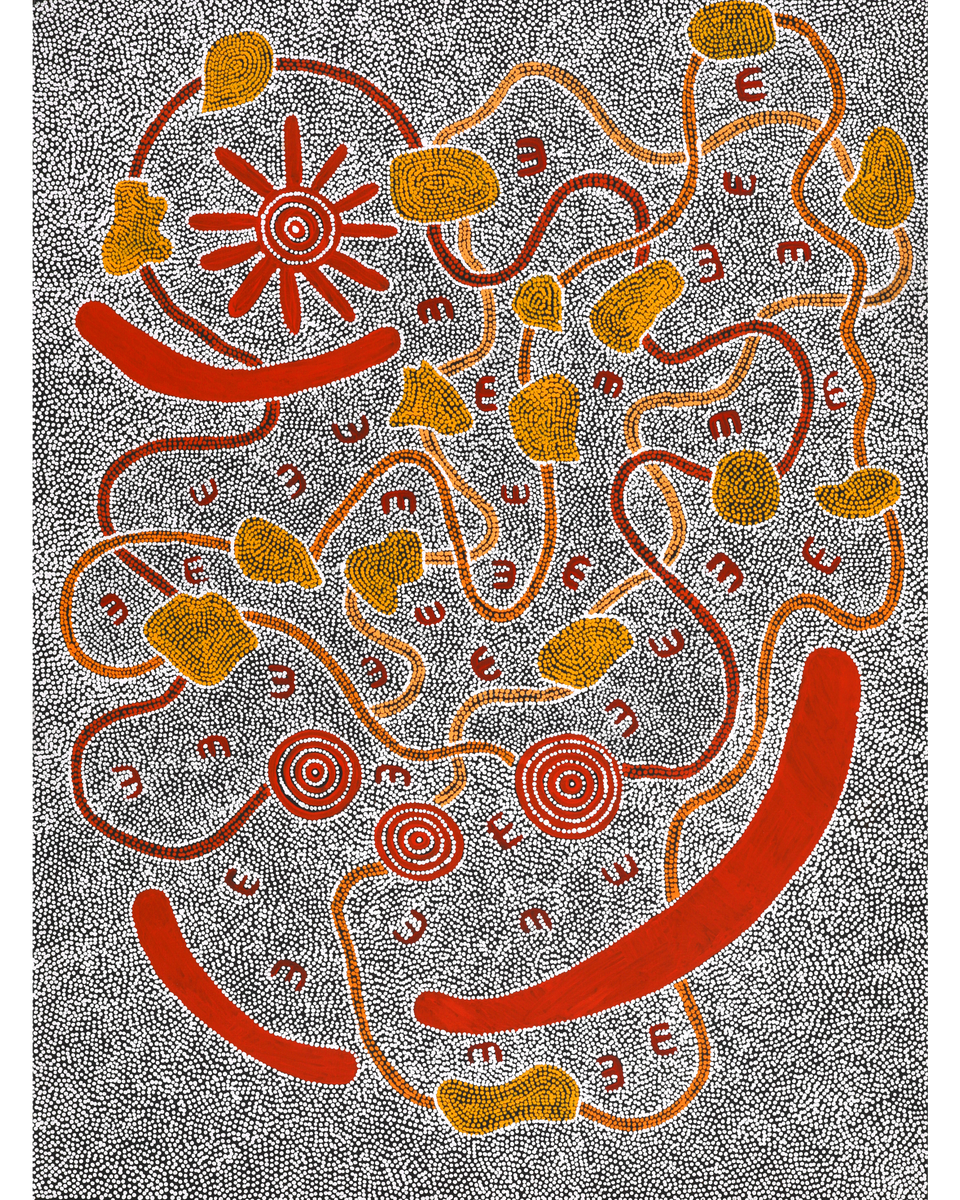 Aboriginal Artwork by Ritasha Nampijinpa Martin, Janganpa Jukurrpa (Brush-tail Possum Dreaming) - Mawurrji, 122x91cm