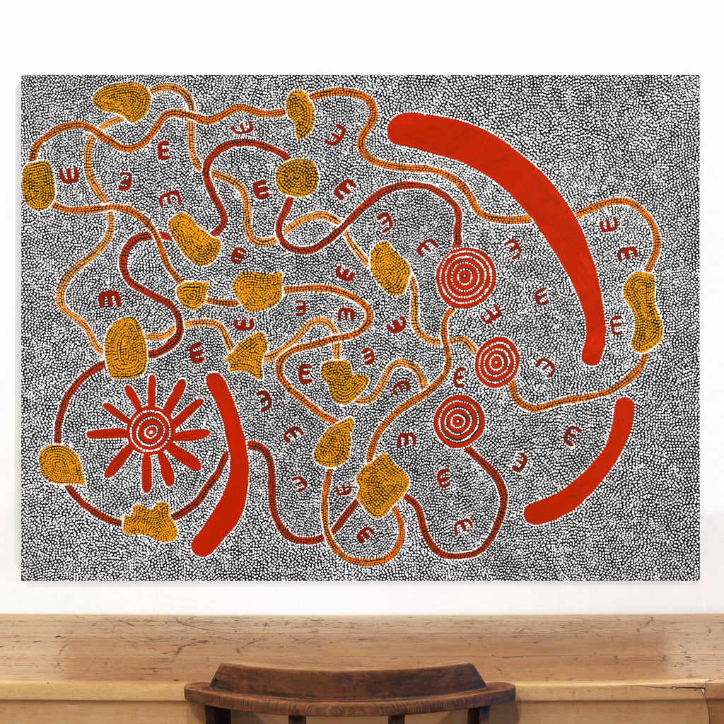 Aboriginal Artwork by Ritasha Nampijinpa Martin, Janganpa Jukurrpa (Brush-tail Possum Dreaming) - Mawurrji, 122x91cm