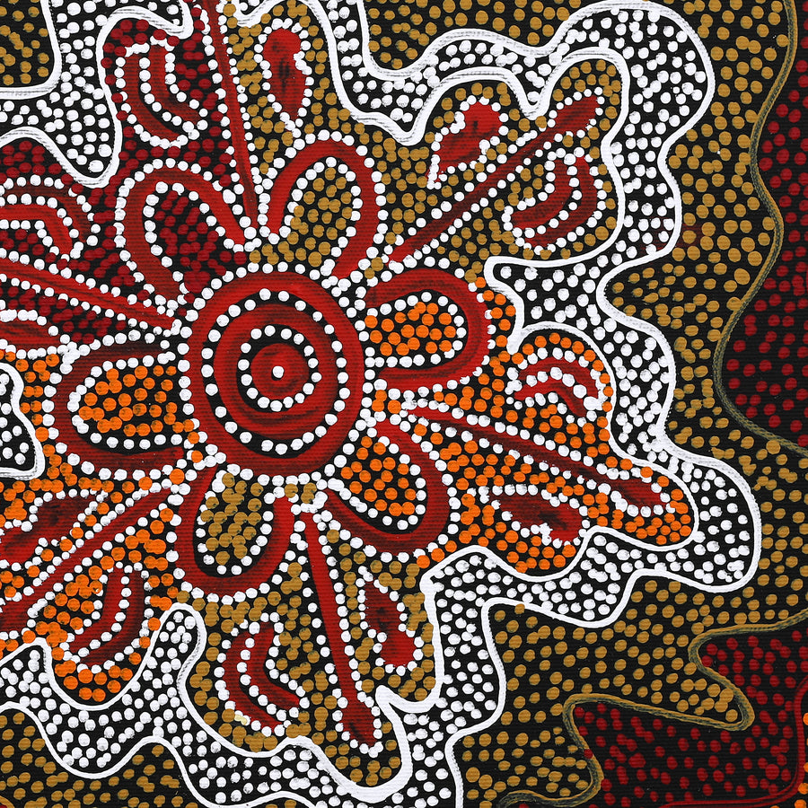 Aboriginal Artwork by Ritasha Nampijinpa Martin, Wati-jarra Jukurrpa (Two Men Dreaming), 40x40cm