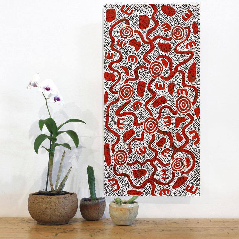 Aboriginal Artwork by Ritasha Nampijinpa Martin, Janganpa Jukurrpa (Brush-tail Possum Dreaming) - Mawurrji, 61x30cm