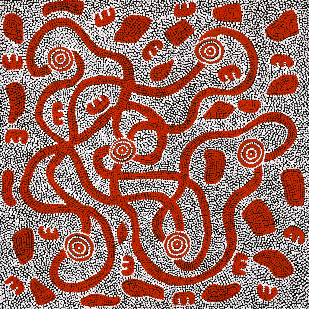Aboriginal Artwork by Ritasha Nampijinpa Martin, Janganpa Jukurrpa (Brush-tail Possum Dreaming) - Mawurrji, 61x61cm