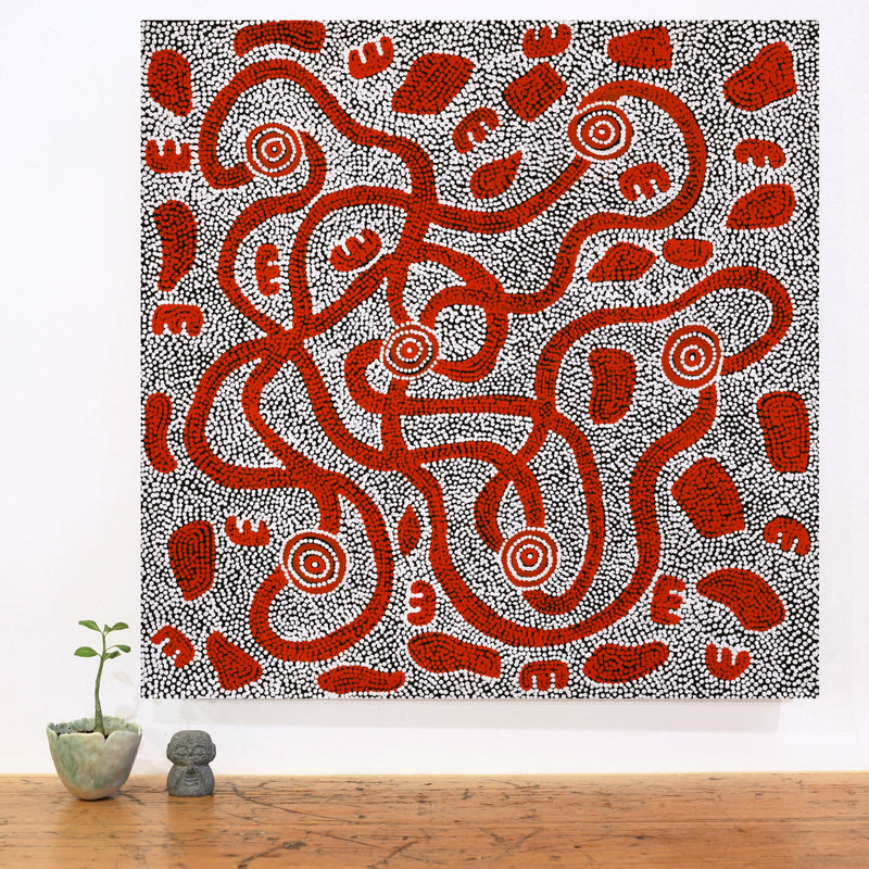 Aboriginal Artwork by Ritasha Nampijinpa Martin, Janganpa Jukurrpa (Brush-tail Possum Dreaming) - Mawurrji, 61x61cm